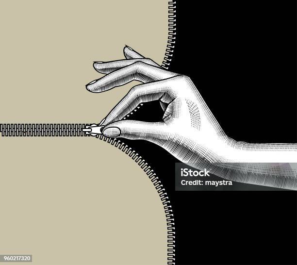 Womans Hand Zipped Up With Pinch Fingers The Slide Fastener Stock Illustration - Download Image Now