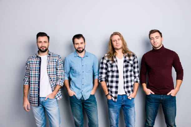 istock Lover boyfriend choose choice character temper leadership concept. Multinational stylish handsome trendy fellows, denim checkered outfit, keeping hands in pockets isolated on gray background 960217530