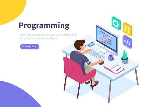 Programmer at work concept banner.  Can use for web banner, infographics, hero images.  Flat isometric vector illustration isolated on white background.