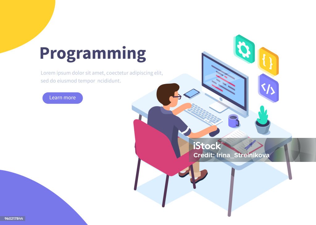 programmer Programmer at work concept banner.  Can use for web banner, infographics, hero images.  Flat isometric vector illustration isolated on white background. Computer Programmer stock vector