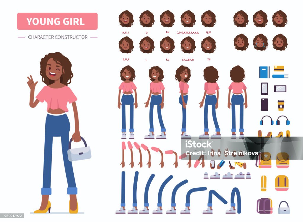 young girl Young  african american girl or teenager character constructor for animation. Front, side and back view. Flat  cartoon style vector illustration isolated on white background. Characters stock vector