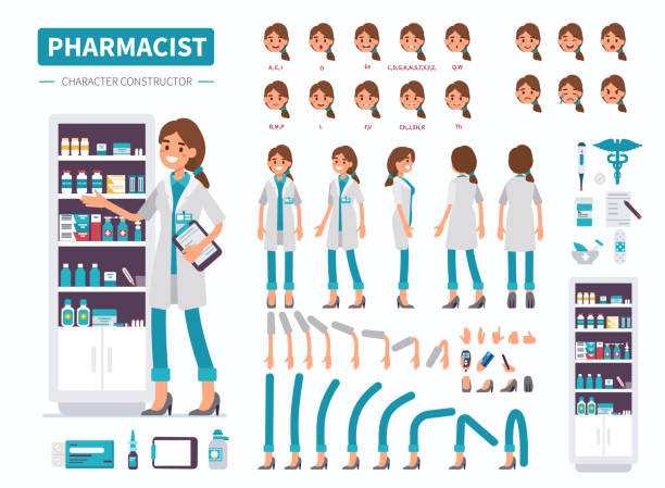 pharmacist Woman pharmacist character. Front, side and back view. Flat cartoon style vector illustration isolated on white background. pharmacist cartoon stock illustrations
