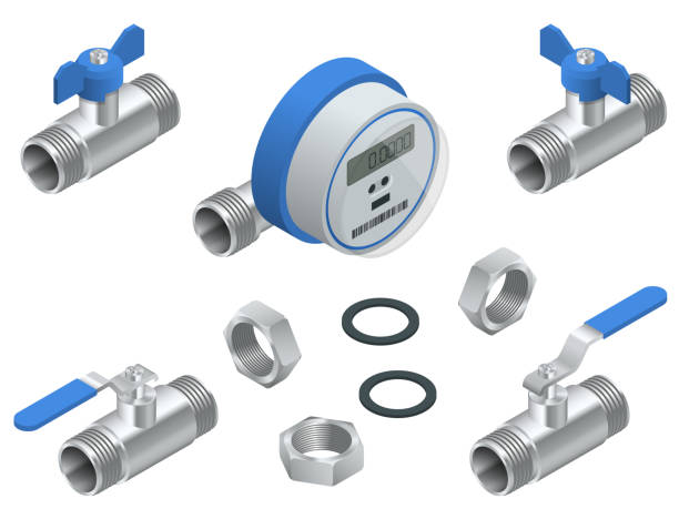 ilustraciones, imágenes clip art, dibujos animados e iconos de stock de sistema isométrico de contador del agua de agua fría con tubería. ilustración de vector de contadores aislados sobre fondo blanco. aparatos sanitarios. - water valve oil gas