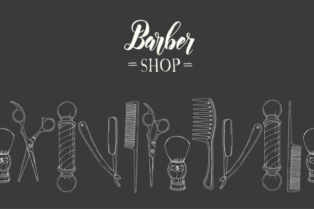 illustrazioni stock, clip art, cartoni animati e icone di tendenza di modello senza cuciture barber shop disegnato a mano con rasoio doodle, forbici, pennello da barba, pettine, classico barbiere pole. schizzo. iscrizione. sfondo vettoriale per sfondo, sfondo pagina web - negozio del barbiere