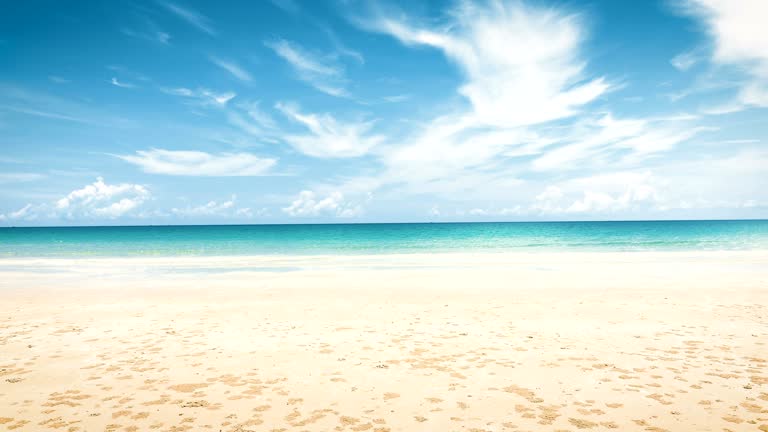 fresh and sunny day with tropical  seascape  beach of  thailand with wave crashing on sandy shore , 4K Dci resolution