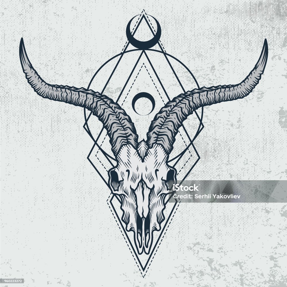 Goat skull in ink graphic technique. Vector illustration of goat skull with sacred geometry shapes on grunge background. Good for posters, t-shirt prints, tattoo design. Skull stock vector