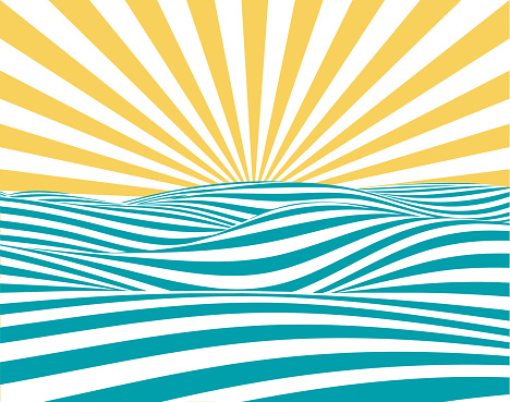 Abstract summer background, with stylized waves and sun-rays.