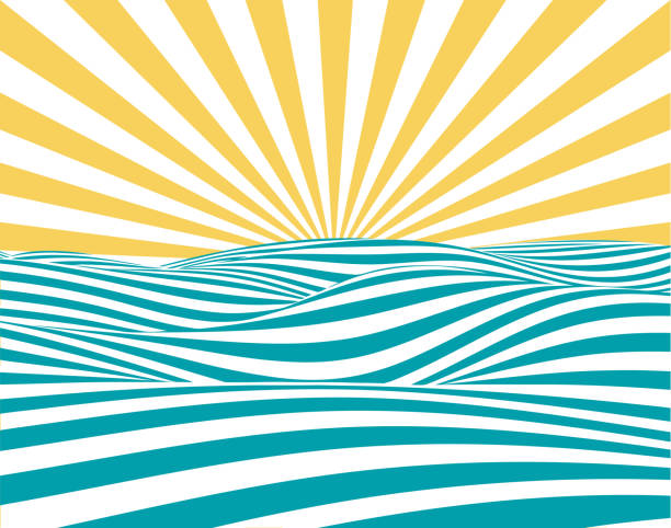 Summer Retro Background Abstract summer background, with stylized waves and sun-rays. sunset illustrations stock illustrations