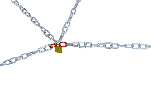 istock Large View of Four Long Chains with Two Red Link Locked with a Padlock 960230732