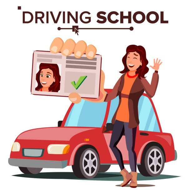 illustrazioni stock, clip art, cartoni animati e icone di tendenza di donna nel vettore della scuola guida. auto da allenamento. esame di superata di successo. patente. illustrazione piatta isolata - driving training car safety