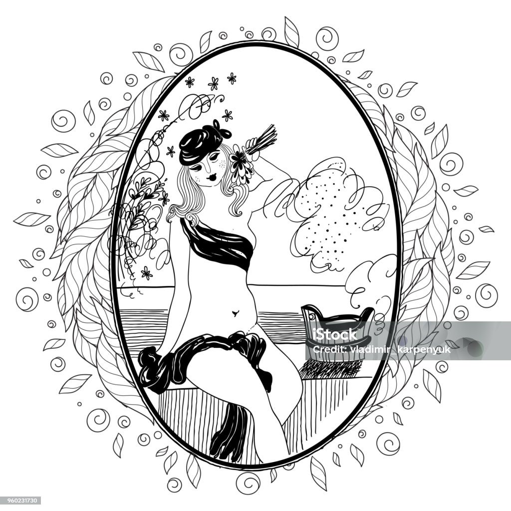 Pattern for coloring book for adult. Vintage girl in bathroom. Pattern for coloring book for adult. Vintage girl in bathroom. Set of illustrations. Adult stock vector