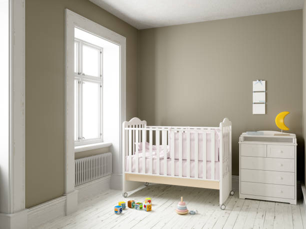 moderne kinderzimmer mit leeren frame - babybett stock-fotos und bilder