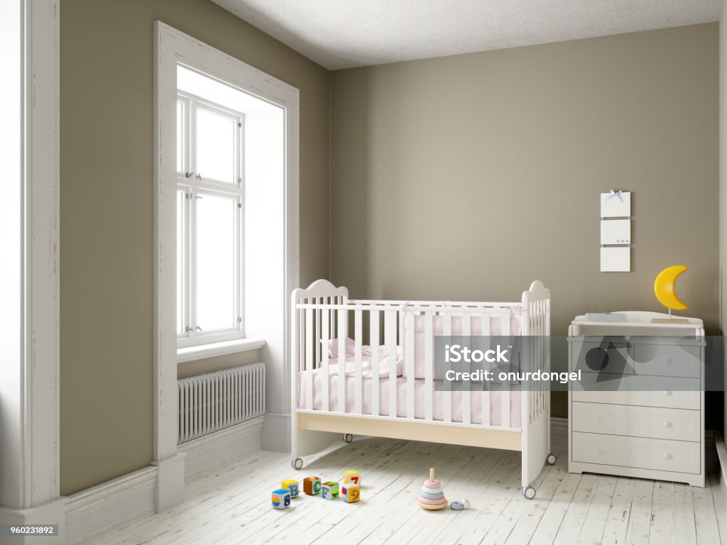 Modern nursery room with blank frame Nursery - Bedroom Stock Photo