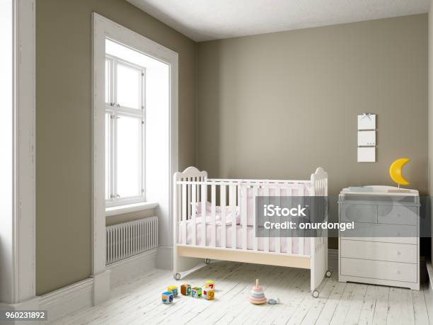 Modern Nursery Room With Blank Frame Stock Photo - Download Image Now - Nursery - Bedroom, Crib, Empty