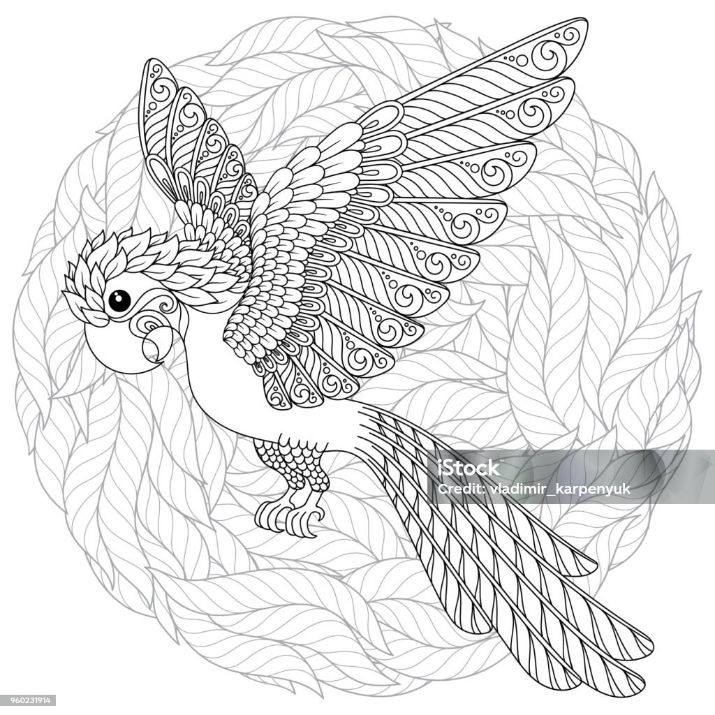 Vector fantasy stylized cockatoo jungle parrot silhouette. Zen-stylized cartoon parrot . Hand drawn sketch for adult anti-stress coloring page, T-shirt emblem, logo or tattoo with floral design elements. Abstract stock vector