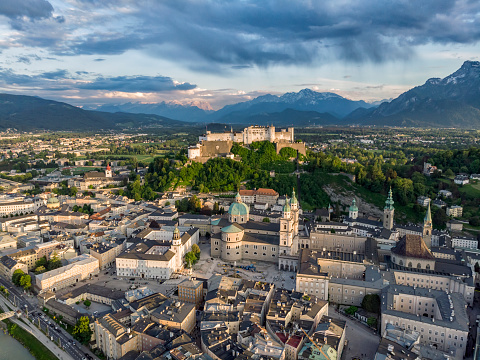 Panoramic aerial view of Salzburg, Austria in a beautiful day