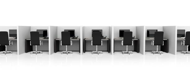 Modern office Office cubicles with equipment and black chairs on white background office cubicle stock pictures, royalty-free photos & images