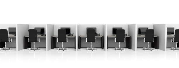 Modern office Office cubicles with equipment and black chairs on white background office cubicle no people stock pictures, royalty-free photos & images