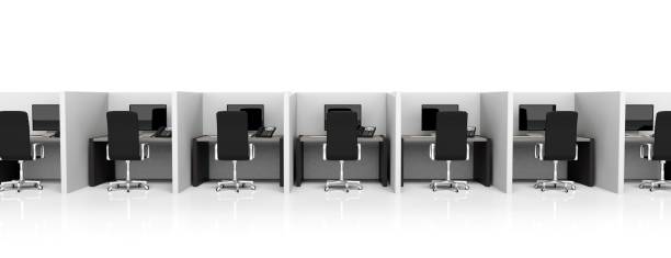 Modern office Office cubicles with equipment and black chairs on white background cubicle stock pictures, royalty-free photos & images