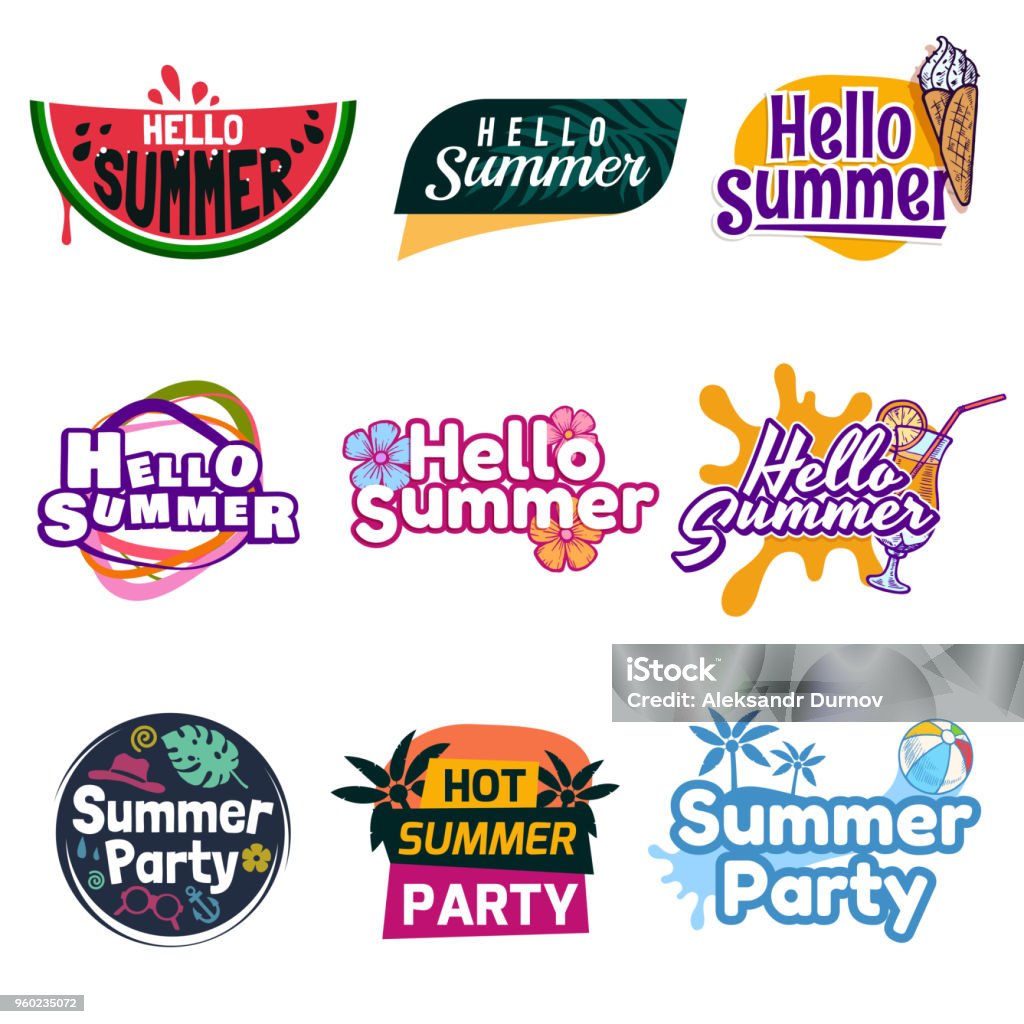 Summer Collection Sign Hello Summer Signs Set Summer Party Promo Signs Vacation Colorful ...