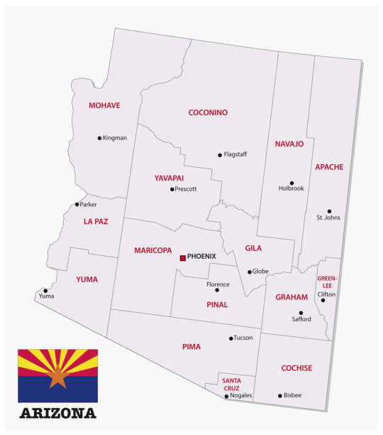 ilustraciones, imágenes clip art, dibujos animados e iconos de stock de mapa administrativo y político de arizona con bandera - arizona map outline silhouette