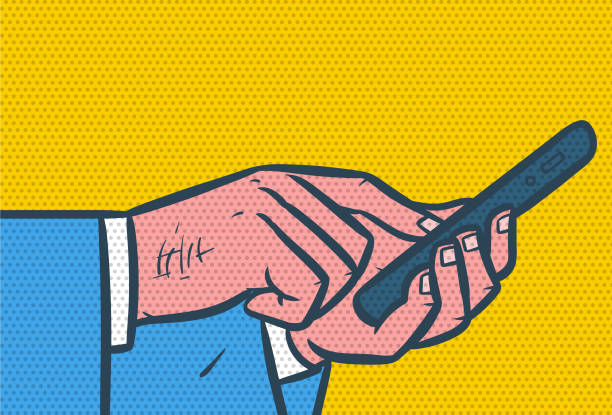 Reto Smartphone Halftone A man using smart phone illustration in retro style. popart hand stock illustrations