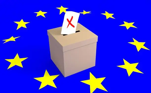 European Union flag and ballot box with vote.