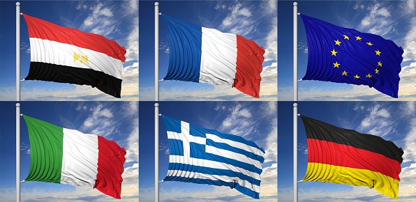 Collection of six flags of Egypt,France, EU,Italy,Greece, Germany
