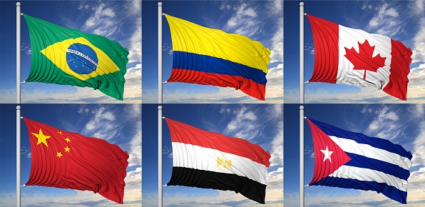 Collection of six flags of Brazil,Colombia,Canada, China,Egypt,Cuba