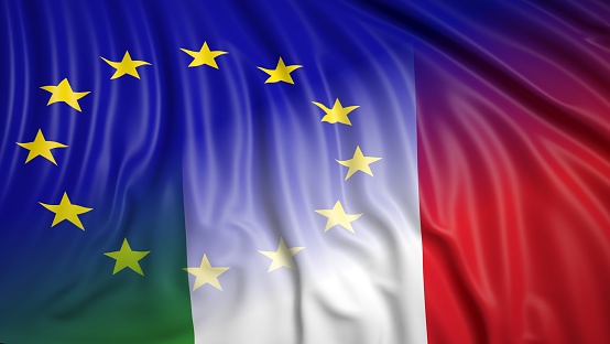 Close-up of Italian and EU flags. From above