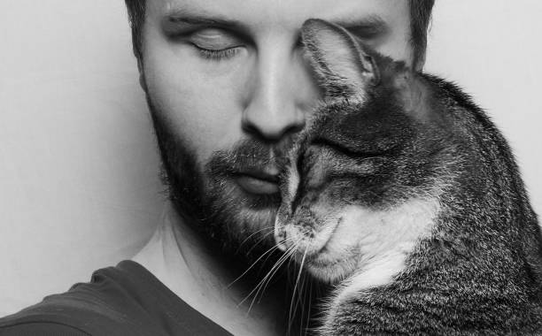 Close-Up Of Young Man With Cat By Wall A very silent moment between a man and his cat vollbart stock pictures, royalty-free photos & images