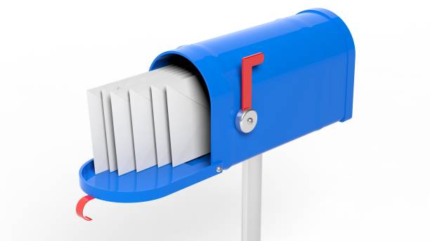 3d rendering concept Blue mailbox with letters isolated on white background blue mailbox stock pictures, royalty-free photos & images