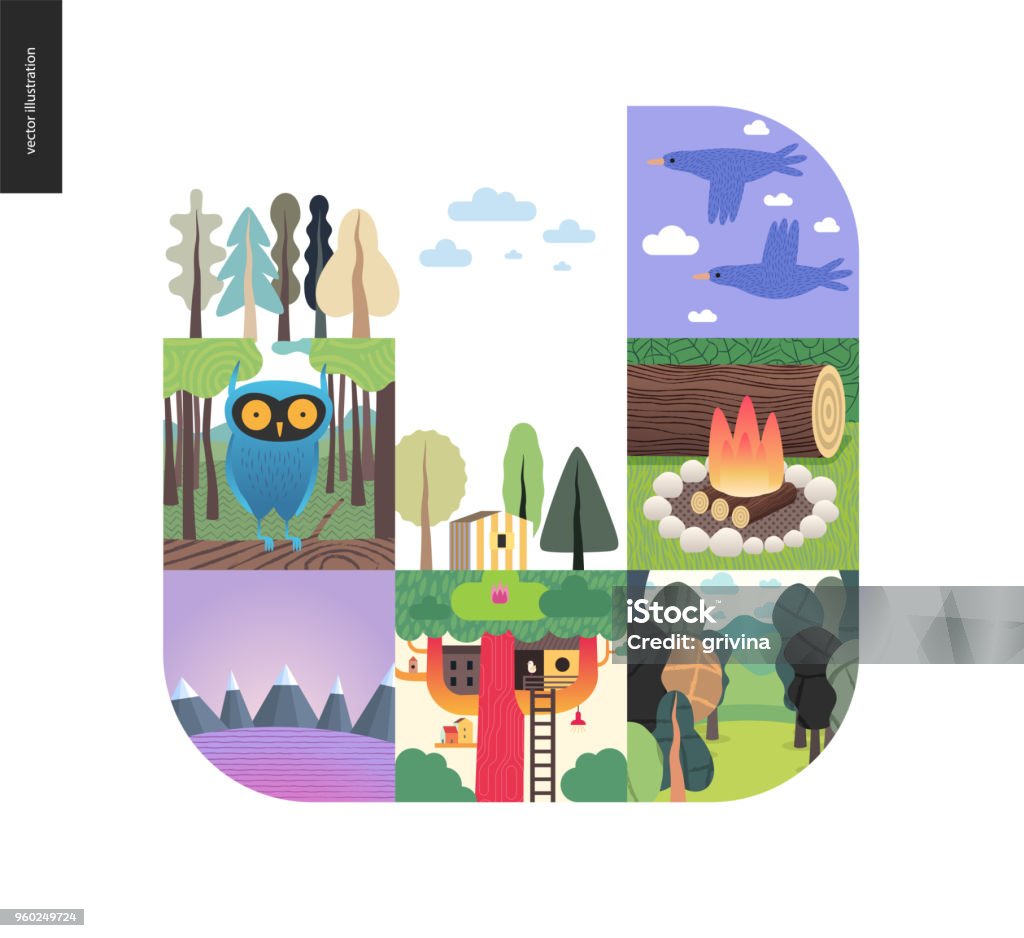 Simple things - forest set composition on a white background Simple things - forest set on a white background - flat cartoon vector illustration of birds, sky, clouds, forest, treehouse, woods, woodfire, owl, striped house and mountains with snow - composition Camping stock vector