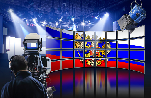 Video wall with TV Screens showing russian flag in Studio broadcasting