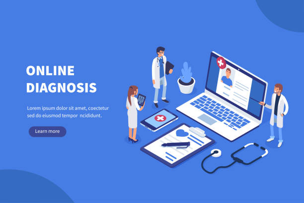 diagnostyka online - isometric patient people healthcare and medicine stock illustrations