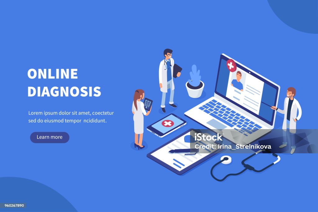 online diagnosis Online diagnosis concept banner with characters. Can use for web banner, infographics, hero images. Flat isometric vector illustration. Healthcare And Medicine stock vector