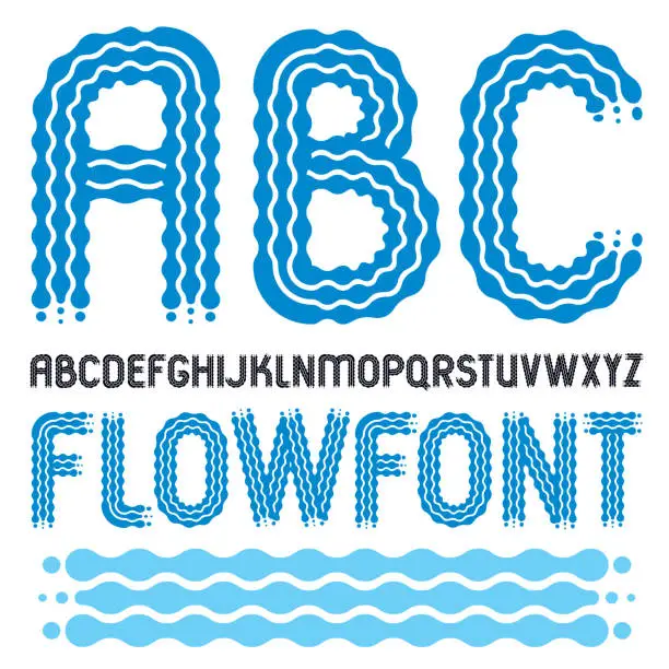 Vector illustration of Set of trendy pop vector capital English alphabet letters, abc isolated. Rounded bold retro 70s font, typescript for use in poster design. Made using flow, wavy lines.