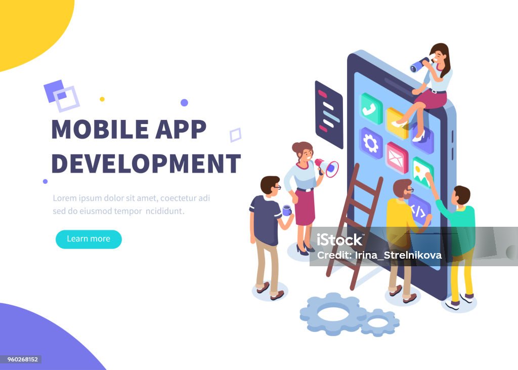 mobile app development Mobile app development concept banner with characters. Can use for web banner, infographics, hero images. Flat isometric vector illustration isolated on white background. Mobile App stock vector