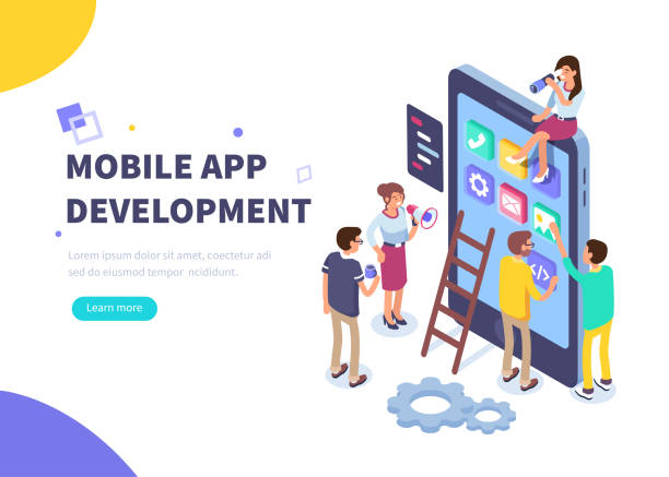 mobile app development Mobile app development concept banner with characters. Can use for web banner, infographics, hero images. Flat isometric vector illustration isolated on white background. girls coding stock illustrations