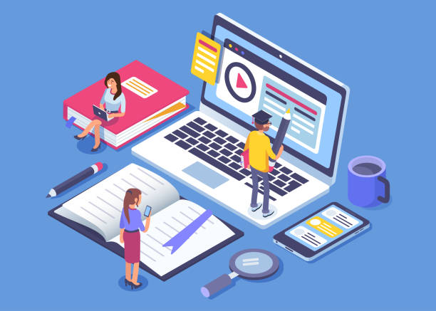 online education Online education concept banner with characters. Can use for web banner, infographics, hero images. Flat isometric vector illustration isolated on white background. people distance stock illustrations