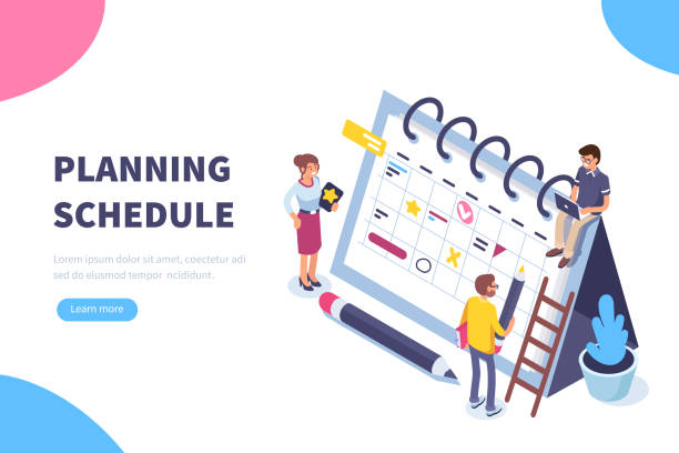 planning schedule Planning schedule concept banner with characters. Can use for web banner, infographics, hero images. Flat isometric vector illustration isolated on white background. event illustrations stock illustrations