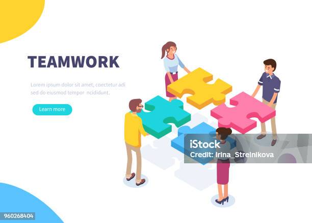 Teamwork Stock Illustration - Download Image Now - Teamwork, Isometric Projection, Puzzle