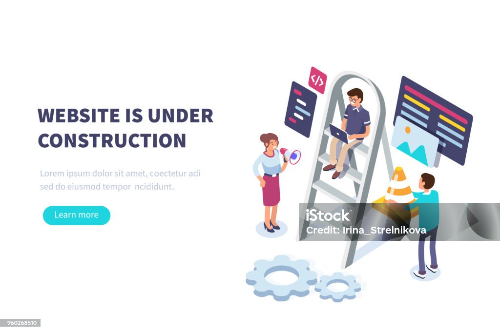 website Website under construction concept with characters.  Flat isometric vector illustration isolated on white background. Construction Site stock vector