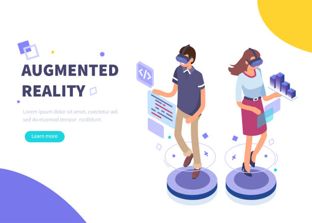 augmented reality augmented reality concept banner with character. Can use for web banner, infographics, hero images. Flat isometric vector illustration isolated on white background. hologram illustrations stock illustrations