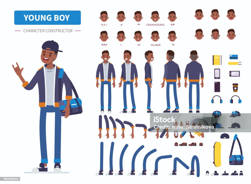 young boy Young  african american  boy or teenager character constructor for animation. Front, side and back view. Flat  cartoon style vector illustration isolated on white background. Characters stock vector