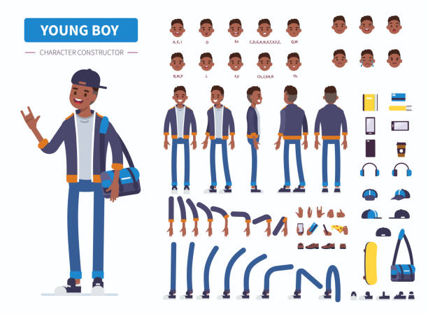young boy Young  african american  boy or teenager character constructor for animation. Front, side and back view. Flat  cartoon style vector illustration isolated on white background. rigging stock illustrations