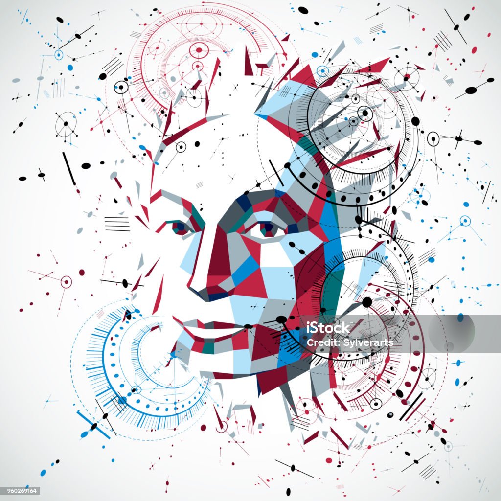 Artificial intelligence head, low poly style 3d vector wireframe object broken into different particles. Modernistic background can be used in projects on subject of human mind and consciousness. Human Face stock vector