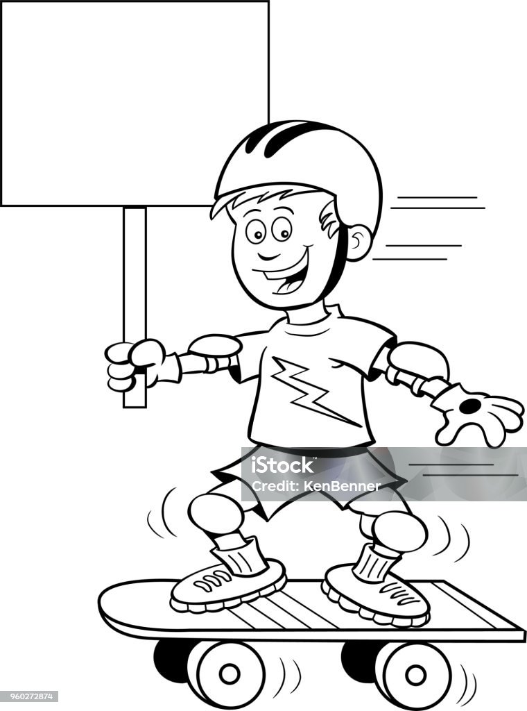 Cartoon boy riding a skateboard while holding a sign. Black and white illustration of a boy riding a skateboard while holding a sign. Active Lifestyle stock vector