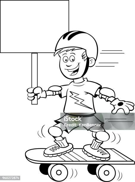 Cartoon Boy Riding A Skateboard While Holding A Sign Stock Illustration - Download Image Now