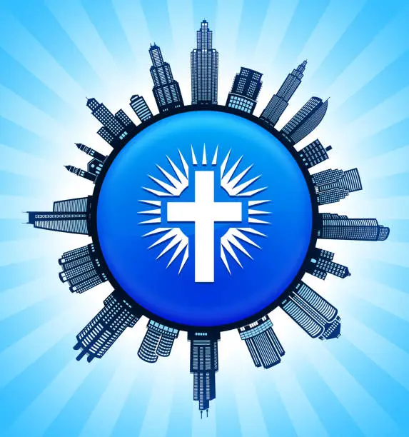 Vector illustration of Christian Cross  on Modern Cityscape Skyline Background